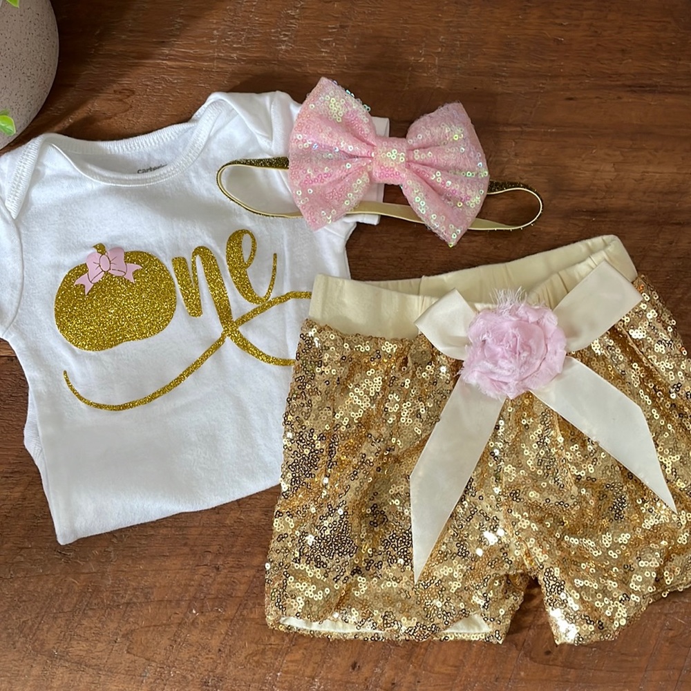 One pumpkin birthday outfit with matching head band and sequined tap pants